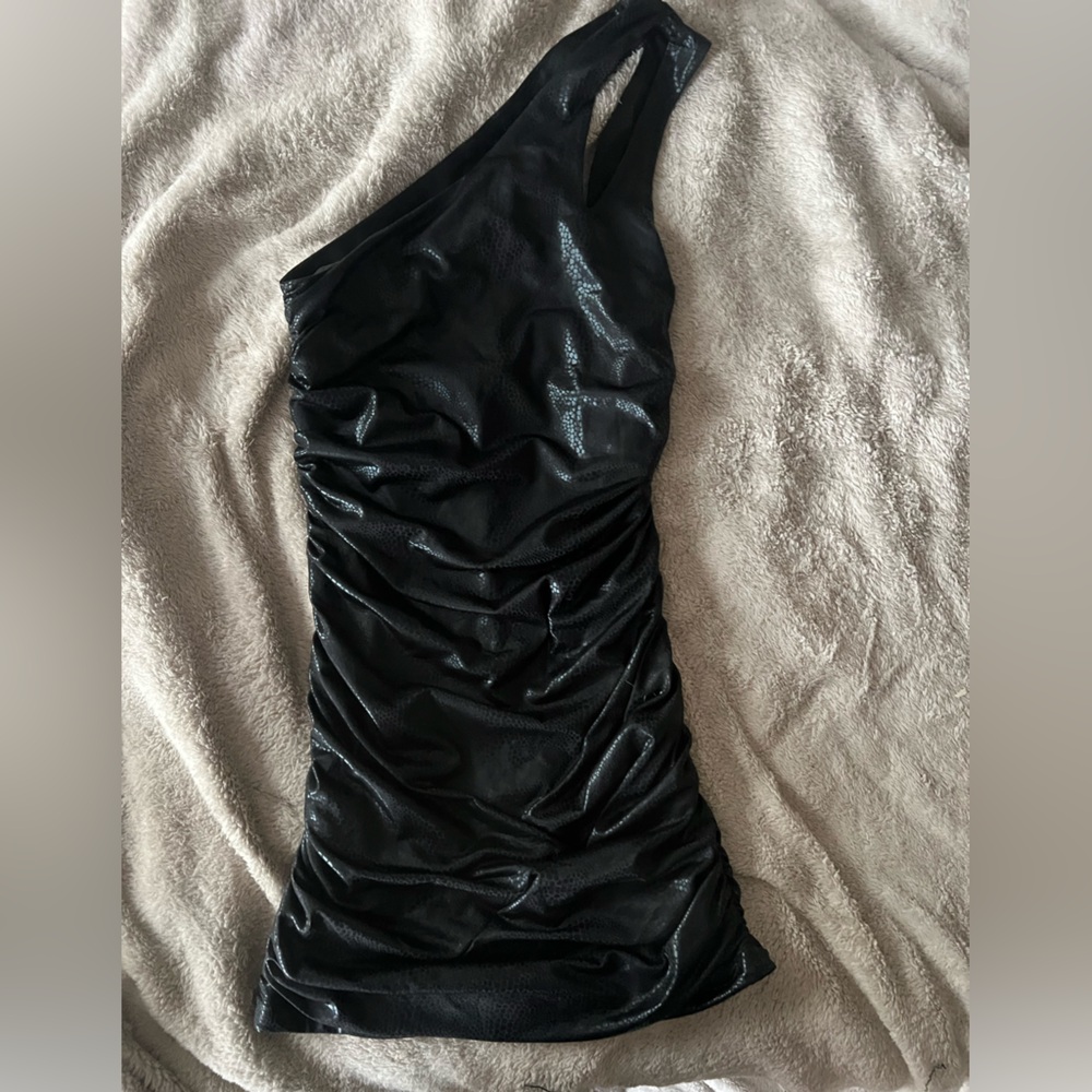 Bebe One Shoulder Ruched Black Croc print Cocktail LBD Dress